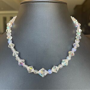 Vintage Bicone AB Crystal Glass Beaded Necklace 16” Sparkly Beauty